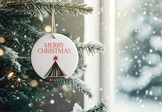 Festive Ornament Mockup Snow Covered Tree PSD