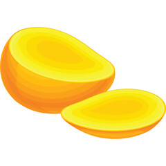 Yellow fruit cut in half showing bright orange and yellow interior texture with smooth round shape against a clean white background suitable for food related content