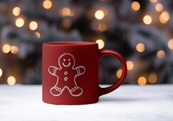 Festive Red Mug Mockup With Gingerbread Design PSD