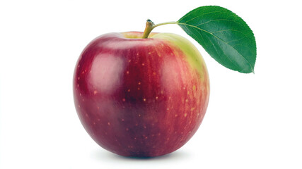 Whole red apple with green leaf isolated on white background symbol of health and freshness