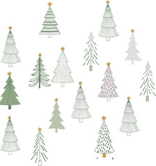 Stylized Christmas tree set with 16 unique designs, festive green and white illustrations, gold star toppers, holiday decoration graphic, hand-drawn seasonal layout