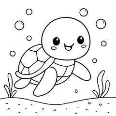 Cute Kawaii Sea Turtle coloring book illustration