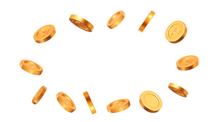 Fototapeta na wymiar 3d flying gold Indonesian Rupiah coins on white isolated background. Rich or casino luck concept. Precious expensive treasure. Stock vector illustration. 