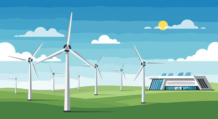 Obraz premium Wind Power Plant Vector – Wind Farm Renewable Energy and Green Technology Illustration - Wind Turbine Vector – Clean Energy and Sustainable Power Concept 