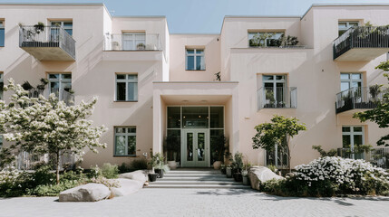 Panoramic residential complex with greenery and balconies, a classic urban courtyard.