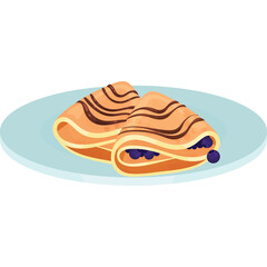 Two Folded Crepes Filled with Blueberries and Drizzled with Chocolate Syrup on a Light Blue Plate with a Transparent Background