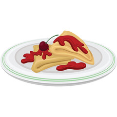 Two Folded Golden Crepes Topped with Red Strawberry Jam and a Fresh Cherry on a White Plate with Green Rim Isolated on a Transparent Background