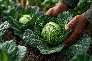 Hands of an african american farmer gently harvesting fresh green cabbage from the soil in a lush garden, showcasing the beauty of sustainable agriculture and organic farming practices