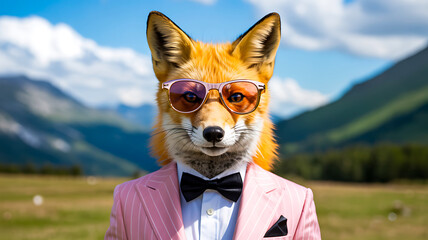 Stylish fox wearing pink suit and sunglasses standing in mountain field
