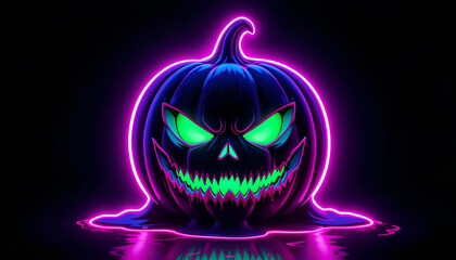 Menacing Neon Jack-o'-Lantern with Pink Outline and Green Glowing Face