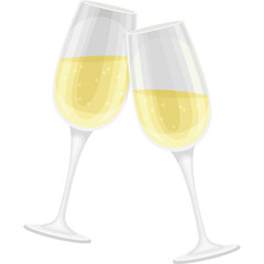 Two elegant champagne flutes filled with sparkling golden wine clinking together in celebration against a clean white backdrop creating a festive atmosphere