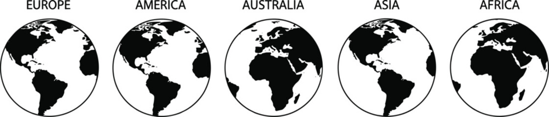 Globe icon set, continent labels, black world map vector, geographic illustration, global concept, educational design, international outline, isolated elements