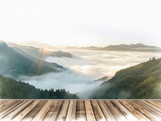 朝日に輝く雲海に包まれた山頂展望台の風景イラスト