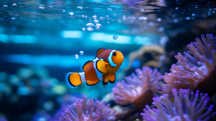 Colorful clownfish swimming near coral reef underwater in tropical ocean
