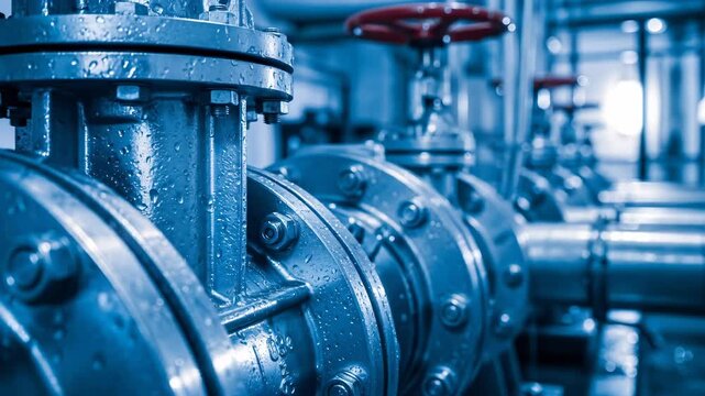 Close up view of blue water pipes with red valves in an industrial water treatment plant, industrial process footage