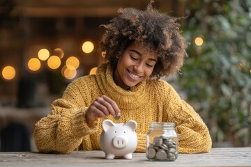 Young woman with curly hair wearing a cozy yellow sweater is happily saving coins in a piggy bank, surrounded by a warm, inviting atmosphere with soft bokeh lights