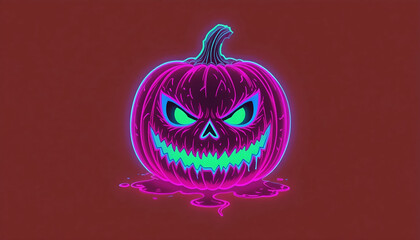 Neon Jack-o'-Lantern with Green Glow on Dark Red Background