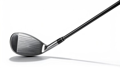 Golf club head close-up with dark shaft on white backdrop