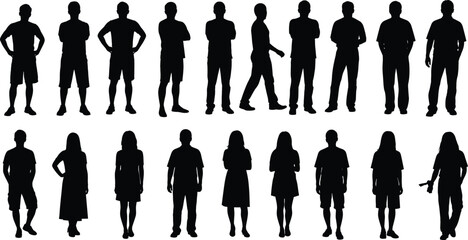 Human silhouette vector set, standing pose icons, black figure illustrations for posture study, body language design, generic character graphic bundle © Ideasy Mind