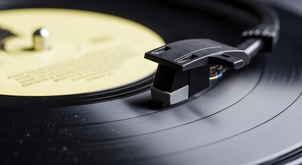 Close up of a turntable stylus on a spinning black vinyl record.