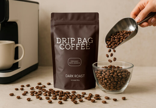 Organic Dark Roast Coffee Packaging Mockup PSD