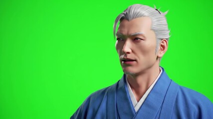 Mature man with gray hair and traditional clothing on a green screen. - Powered by Adobe