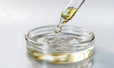 a glass pipette filled with liquid, droplets falling from the tip of an eyedropper into a circular laboratory dish on a white background