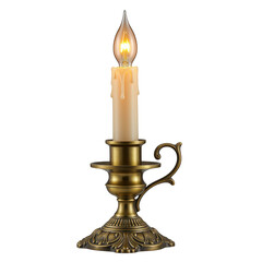 Antique brass candlestick with lit candle isolated on transparent background