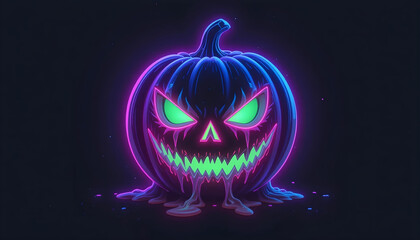 Cyberpunk Jack-o'-Lantern with Blue Pink Neon Outline and Green Glow