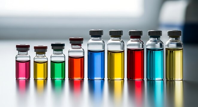 Colorful vials of liquid arranged in a row, showcasing science and medicine. - Powered by Adobe