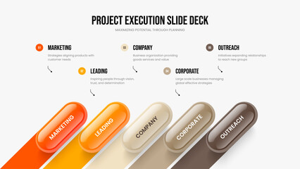 Consulting Planning Five Option Infographic Slide Template. Enterprise Campaign 5 Step Diagram Slideshow Layout. Advertising Review Presentation Design Vector Illustration.