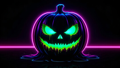 Menacing Neon Pumpkin with Pink Outline and Cyan-Green Glowing Face