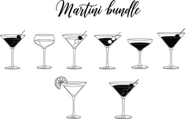 Martini glass vector set, cocktail drink illustration, bar garnish collection, stylish alcohol icons, mixology design elements for beverage branding, nightlife graphics
