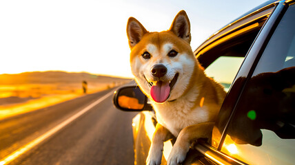 Happy shiba inu dog enjoying sunset car ride on open road
