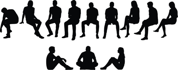 Silhouettes of diverse, relaxed people sitting on edges, benches, and the ground, men and women in various casual postures,