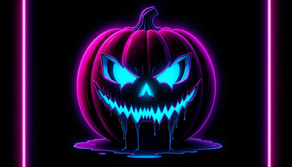 Electric Blue Neon Jack-o'-Lantern Between Pink Vertical Light Bars