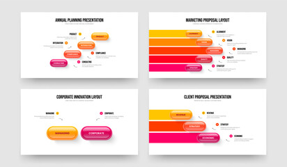Digital Analysis Four Five Two Three Option Diagram Slideshow Design Vector Illustration Collection. Marketing Visualization 4 5 2 3 Step Infographic Slide Template Set.