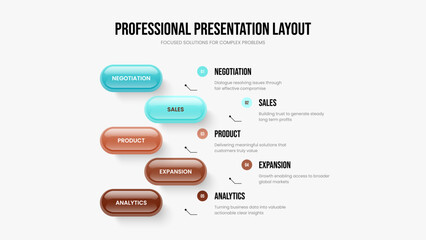Professional Planning 5 Option Diagram Slideshow Layout. Modern Development Slide Design Vector Illustration. Advertising Profile Five Element Infographic Frame Template.