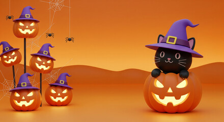 Halloween background with orange color theme, featuring a cute black cat wearing a witch hat popping out of a carved pumpkin. On the left side, glowing jack-o’-lantern pumpkins wear witch hats.