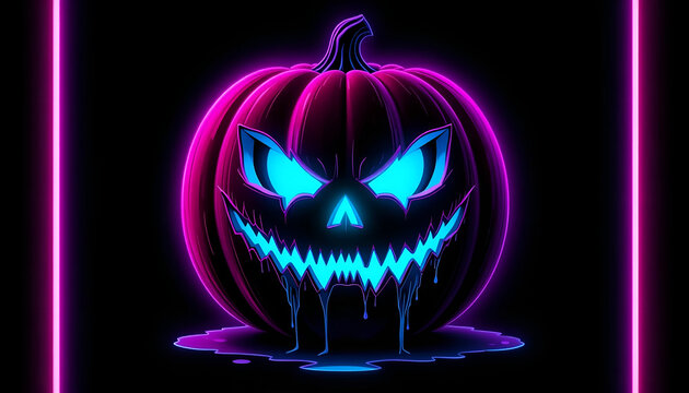 Electric Blue Neon Jack-o'-Lantern Between Pink Vertical Light Bars