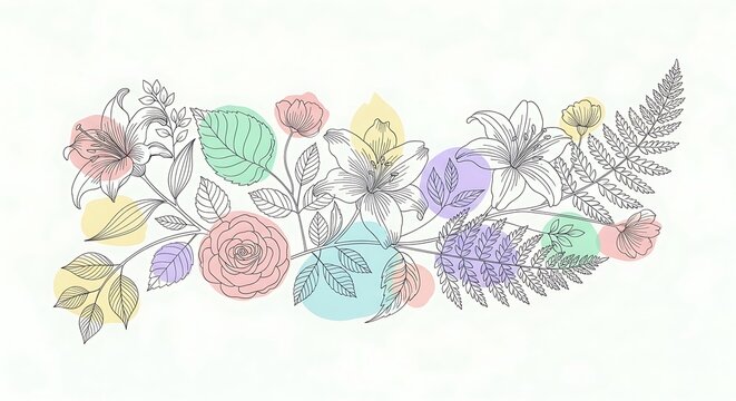 Elegant hand drawn floral arrangement with pastel watercolor accents.