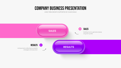 Advertising Plan Two Element Diagram Slide Design. Product Portfolio 2 Step Infographic Presentation Template. Investor Planning Slideshow Layout Vector Illustration.
