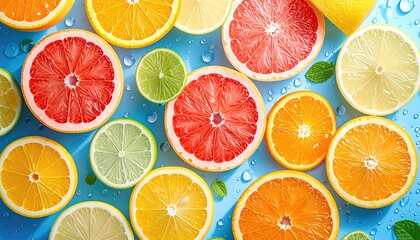 Obraz premium Vibrant Assorted Citrus Fruit Slices With Water Droplets And Mint Leaves On A Bright Blue Surface Creating A Refreshing Texture And Pattern