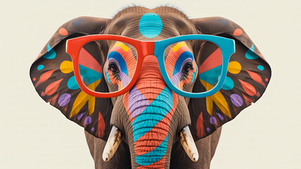 Creative colorful elephant illustration wearing modern glasses
