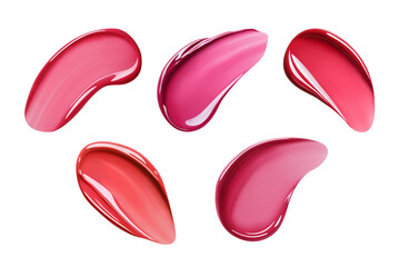 Set of classic swatches of liquid lipstick or lip gloss, burgundy shades. Close-up of creamy texture. Isolated element with clear even edge on transparent background