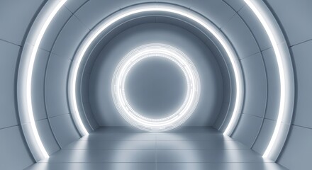 Obraz premium Futuristic Sci-Fi Tunnel with Glowing White Neon Rings.