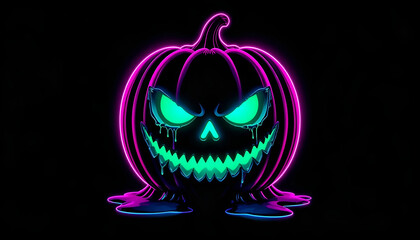 Menacing Neon Pumpkin Face with Dripping Cyan Glow on Black Background