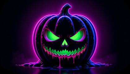Menacing Green Glowing Jack-o'-Lantern with Purple Neon Outline