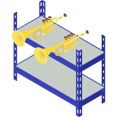 Two Golden Trumpets Resting On A Blue Metal Shelving Unit With Light Gray Shelves In An Isometric View