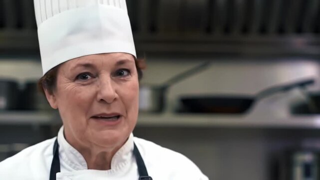 Smiling female chef wearing uniform and toque hat in kitchen.